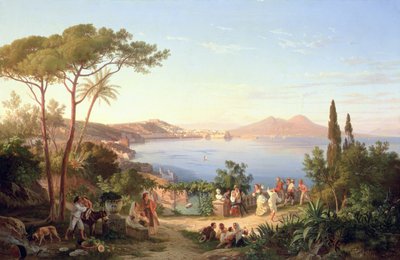 Baai van Napels met Dansende Italianen, ca. 1850 door Carl Wilhelm Goetzloff